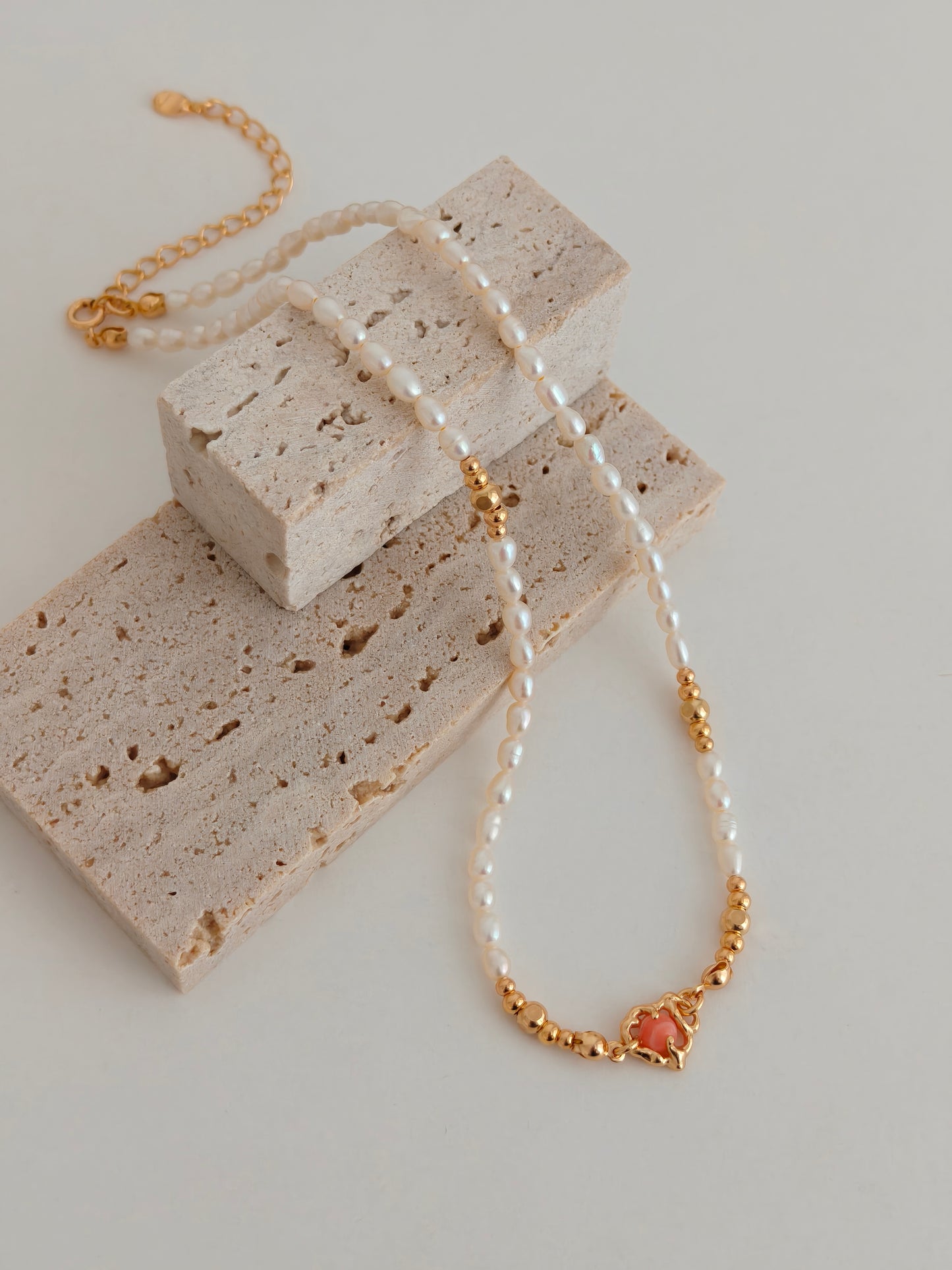 Vintage Gold S925 Sterling Silver Rhodochrosite & Natural Pearl Necklace