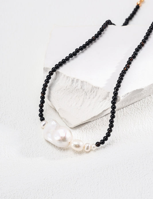 Black Agate and Baroque Pearl Necklace
