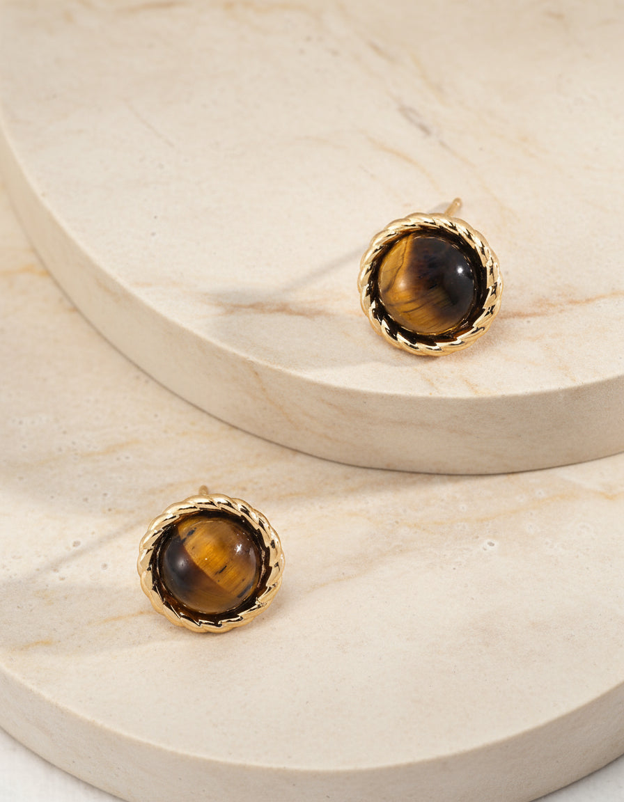 S925 Tiger’s Eye Vintage Gold Earrings