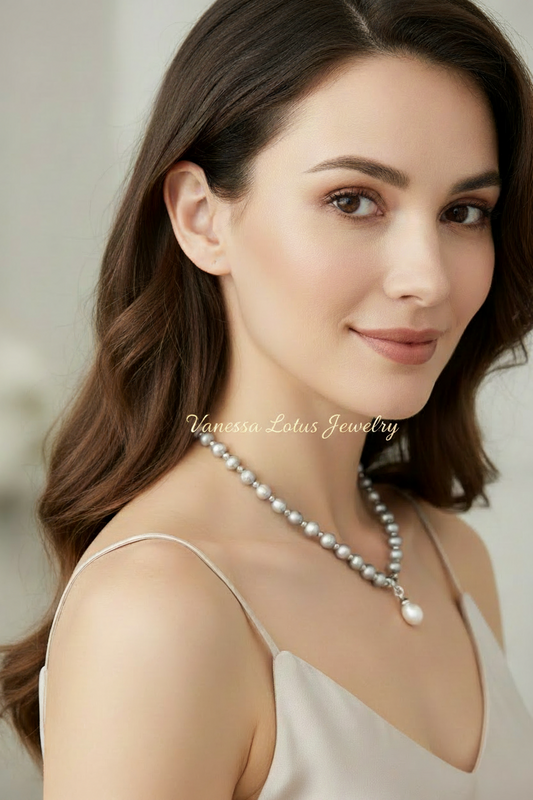 Gray & White Natural Pearl Necklace in S925 Sterling Silver (Platinum Tone)