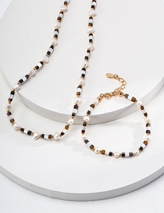 Pearl and Tiger’s Eye Beaded Necklace and Bracelet Set