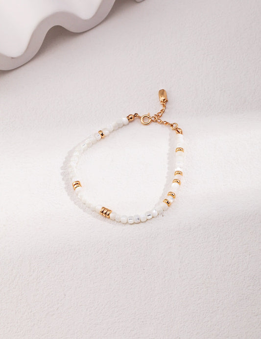 Dainty Shell Bead Bracelet – S925 Silver & Natural Silver Shell with Gold Accents