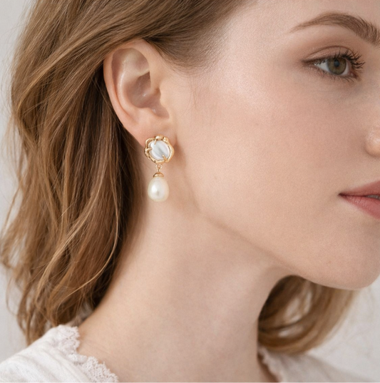Vintage Gold Mother-of-Pearl & Natural Pearl Drop Earrings – S925 Sterling Silver Baroque Pearl Dangle Earrings