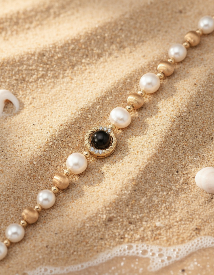 S925 Silver Tiger Eye & Pearl Necklace – Vintage Gold