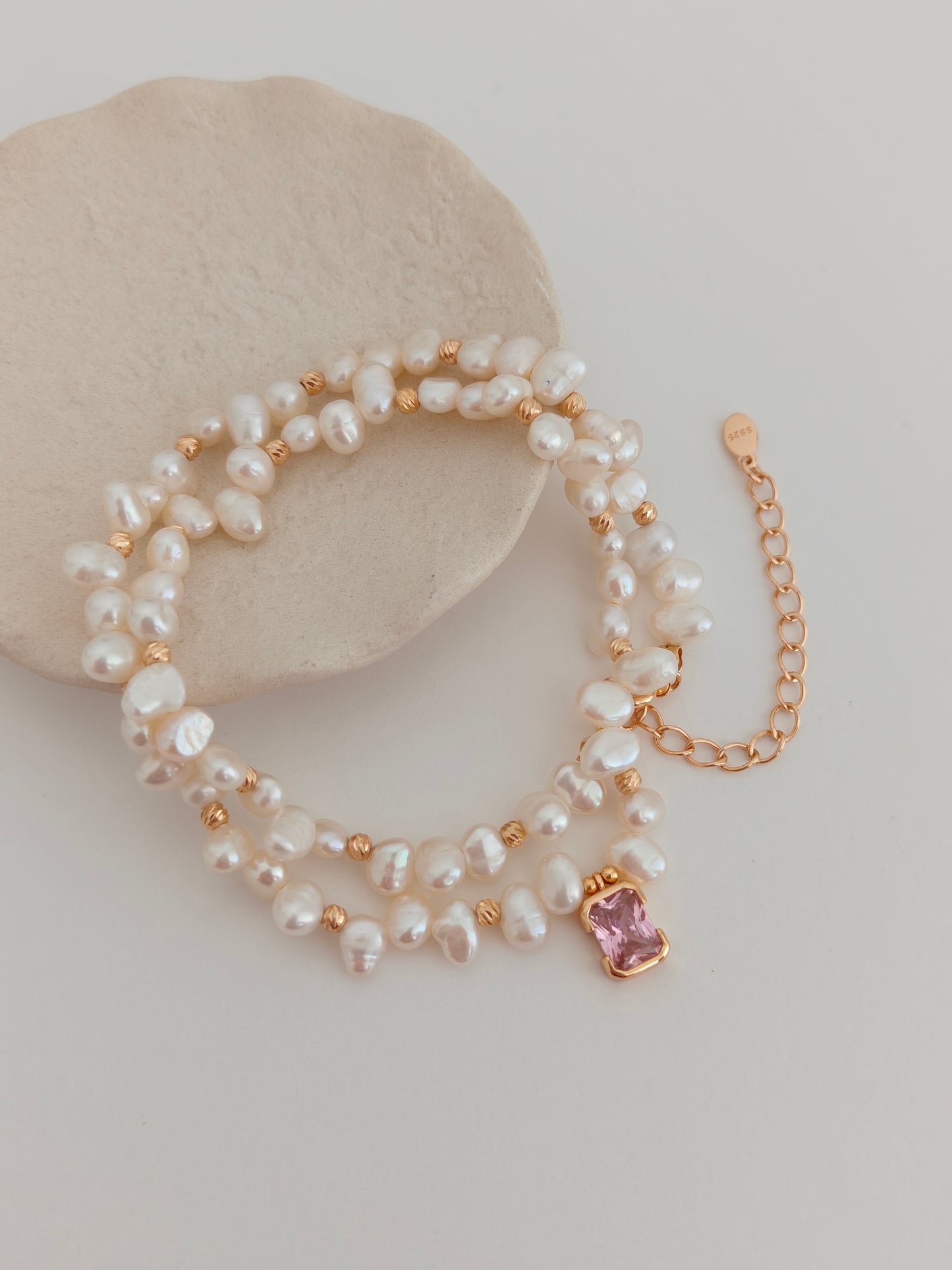 S925 Silver Pink Zircon & Pearl Necklace – Vintage Gold
