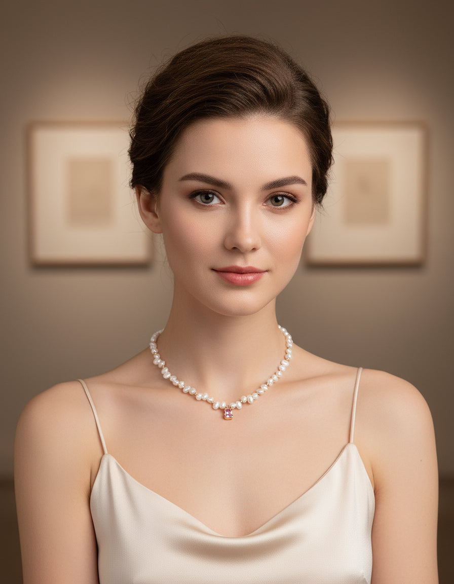 S925 Silver Pink Zircon & Pearl Necklace – Vintage Gold