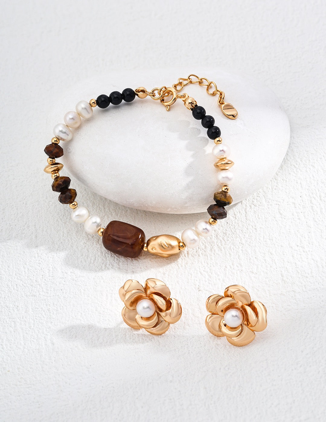 Vintage Gold Pearl and Tiger Eye Beaded Bracelet – 925 Sterling Silver