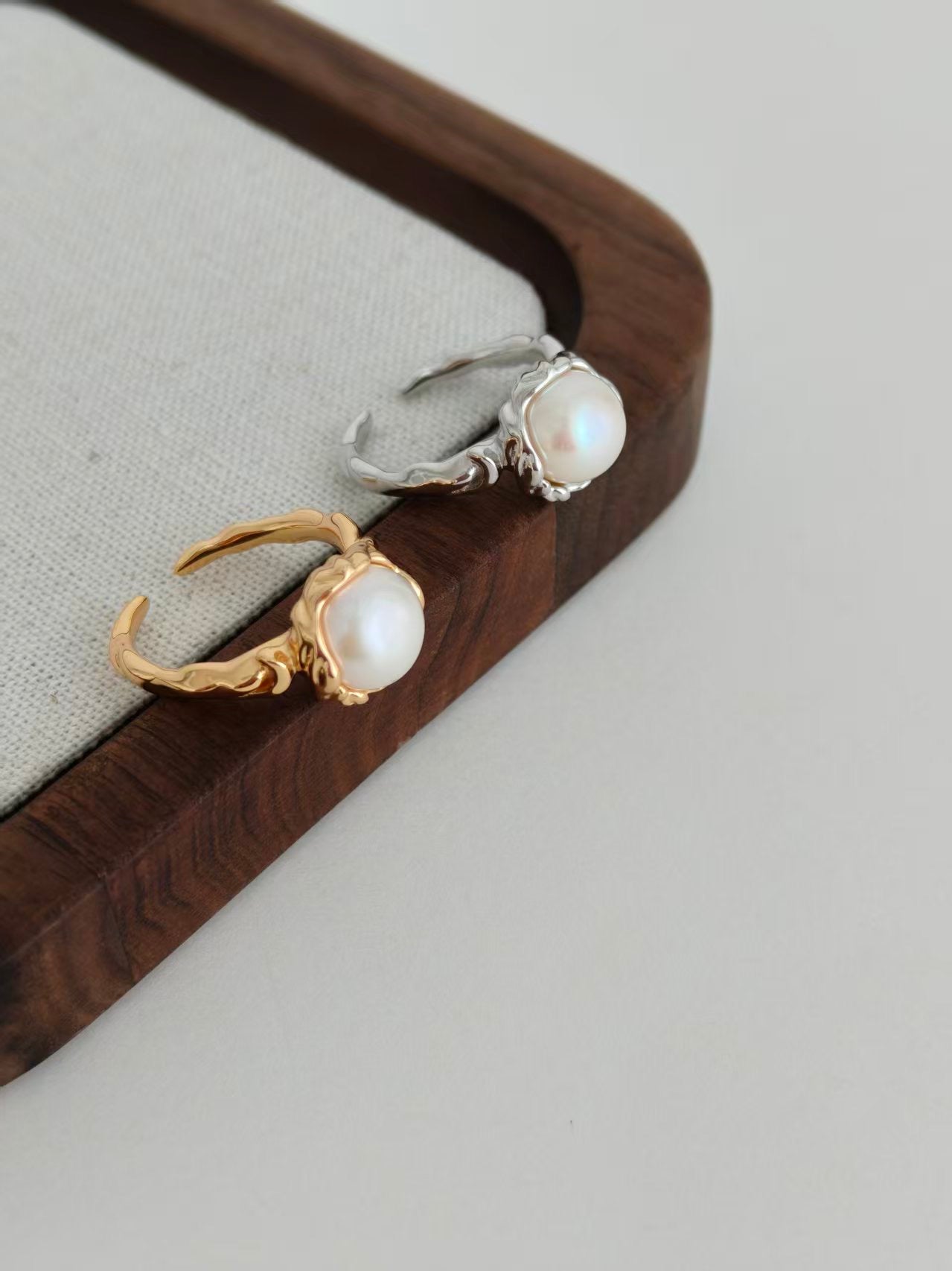 S925 Sterling Silver Natural Pearl Ring – Vintage Gold / Platinum Adjustable Ring