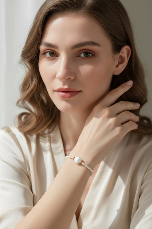 S925 Silver Button Pearl & Mini Pearl Bracelet