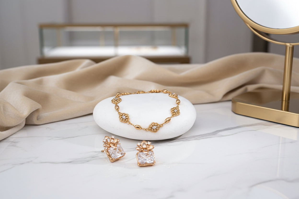 Vintage Gold Flower Square Zirconia Stud Earrings – S925 Sterling Silver