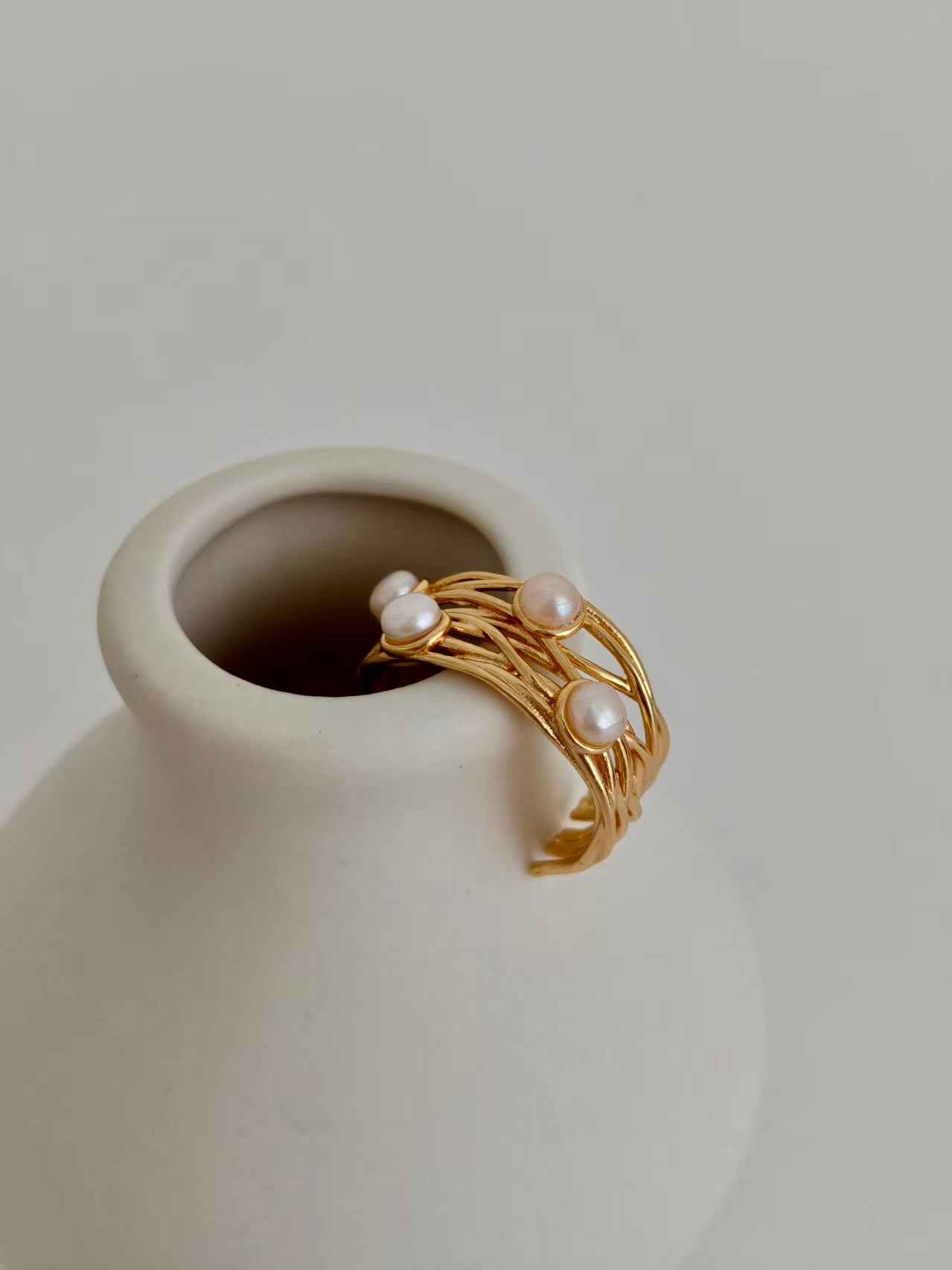 S925 Sterling Silver Woven Vine Pearl Ring –Minimalist Statement Jewelry