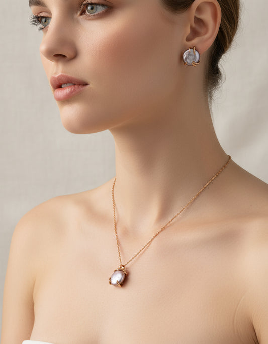 Vintage Gold Baroque Pearl Jewelry Set – Necklace & Stud Earrings | S925 Silver