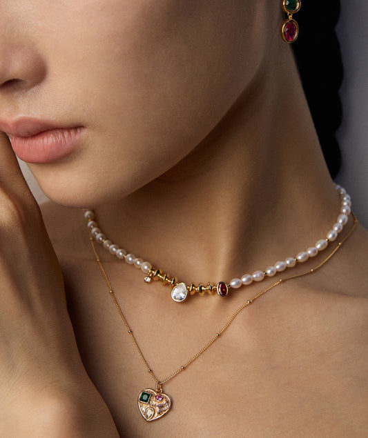 S925 Vintage Gold Natural Pearl & Zircon Necklace