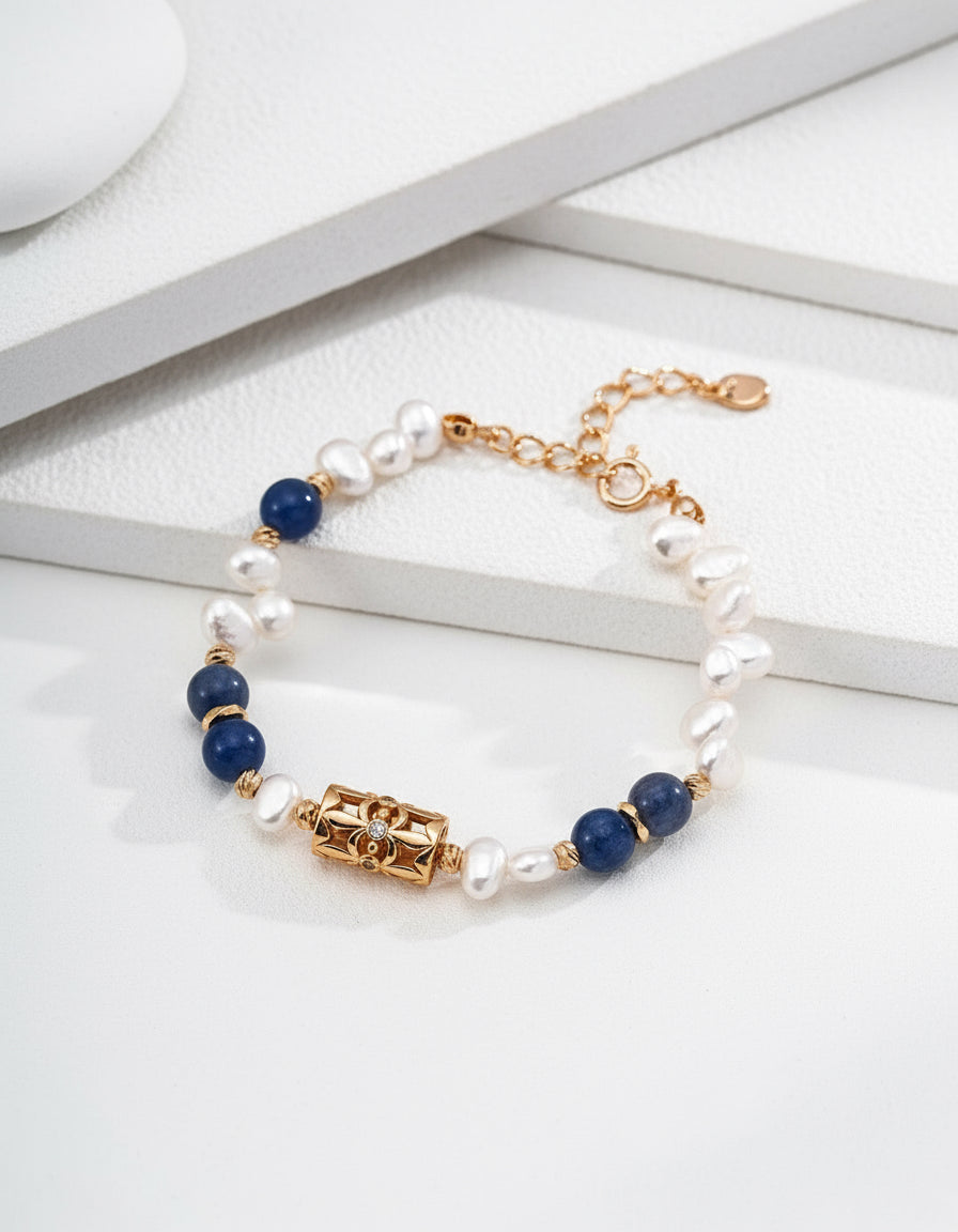 Vintage Gold Pearl & Blue Aventurine Bracelet | S925 Silver Jewelry