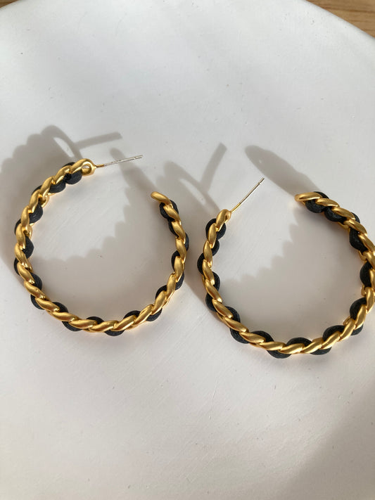 C hoop earrings with black ribbon