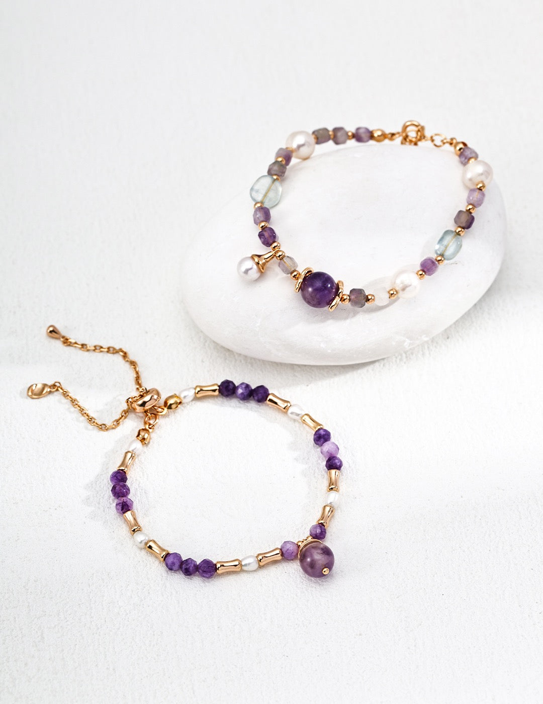 Amethyst & Pearl Bracelet – 925 Sterling Silver, Vintage Gold Finish