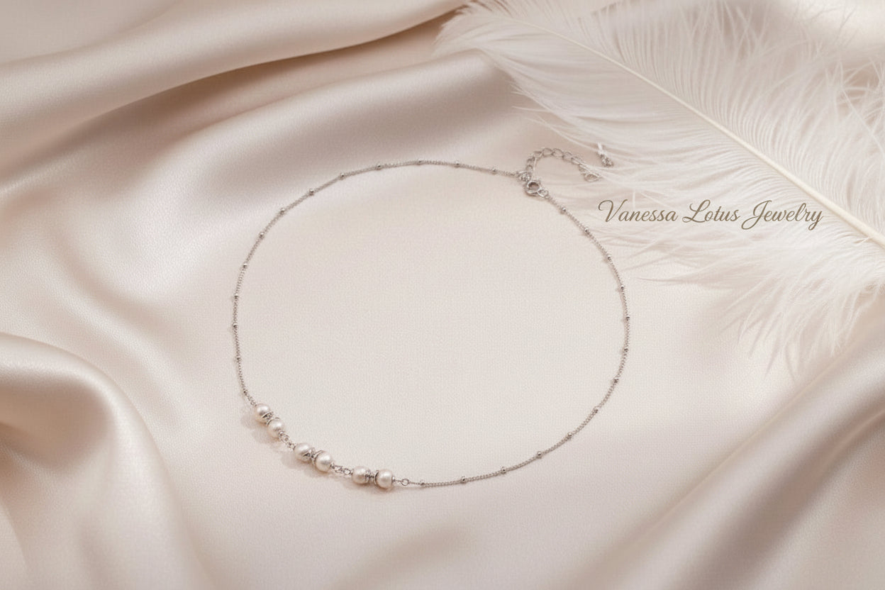 Vintage Gold Freshwater Pearl Station Necklace – 925 Sterling Silver Minimalist Pearl Choker Necklace