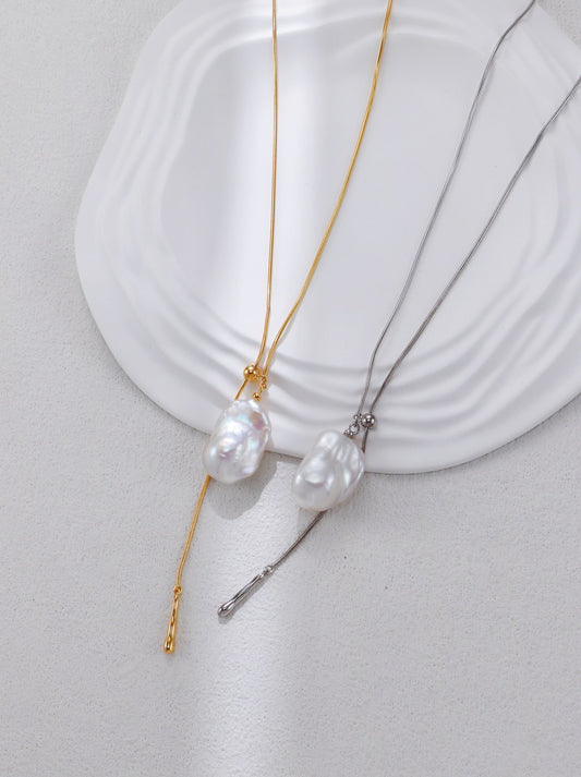 S925 Baroque Pearl Slider Necklace – Vintage Gold / Platinum