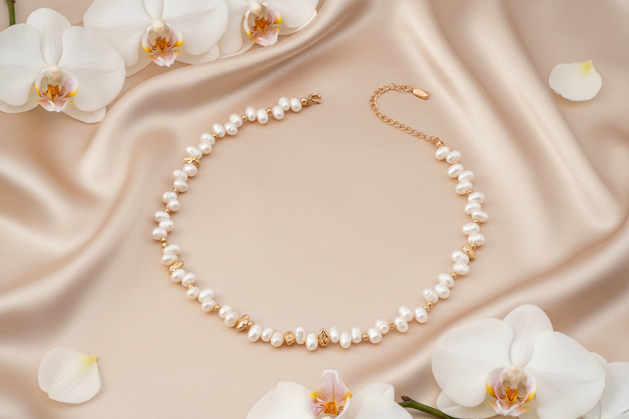 Vintage Gold Freshwater Pearl Necklace – 925 Sterling Silver | Matching Bracelet Set