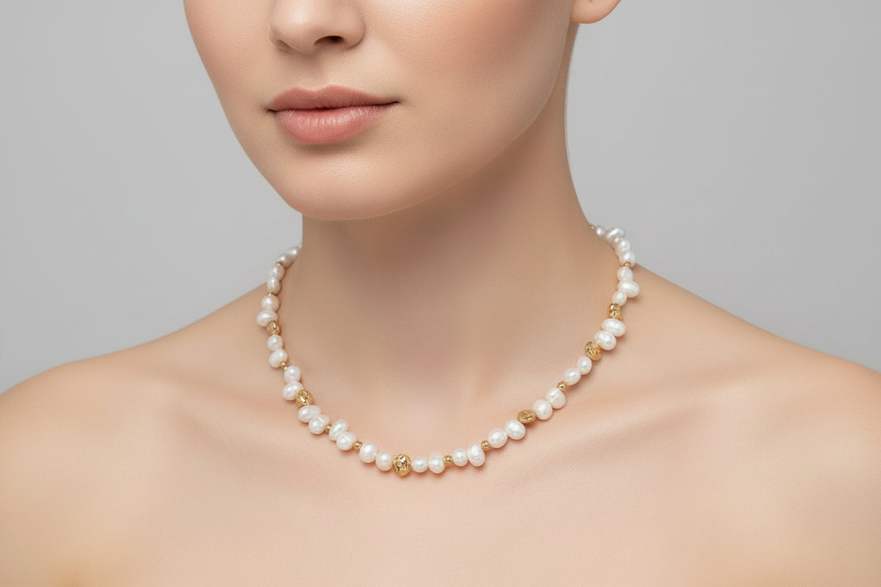 Vintage Gold Freshwater Pearl Necklace – 925 Sterling Silver | Matching Bracelet Set