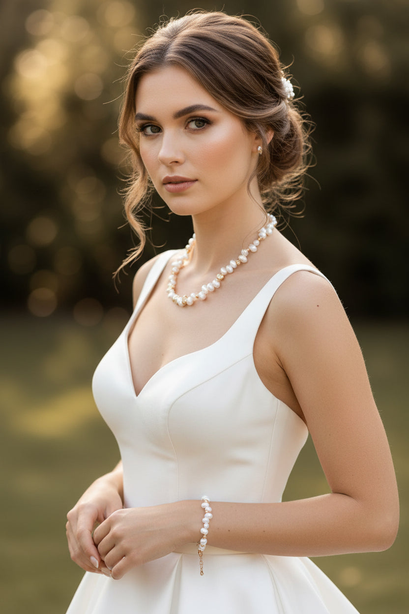 Vintage Gold Freshwater Pearl Bracelet – 925 Sterling Silver | Matching Necklace Set