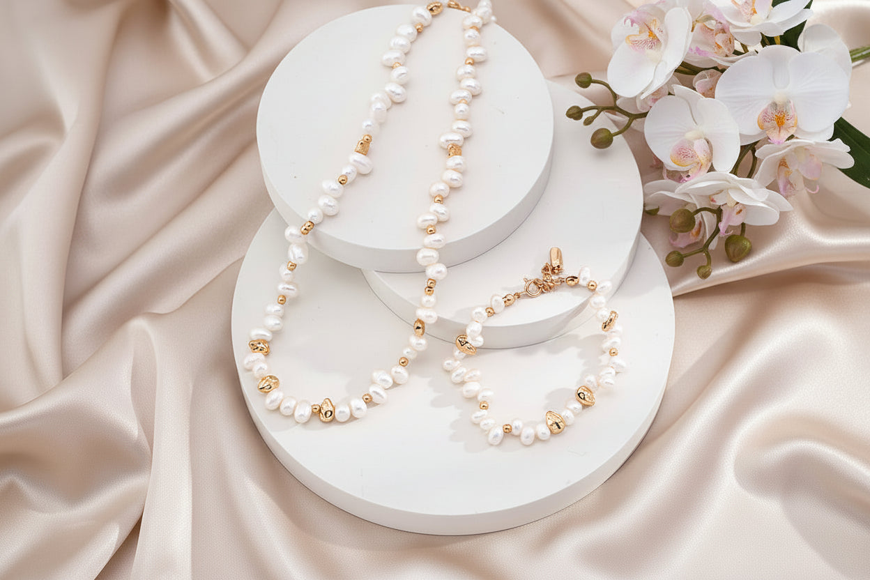 Vintage Gold Freshwater Pearl Necklace – 925 Sterling Silver | Matching Bracelet Set