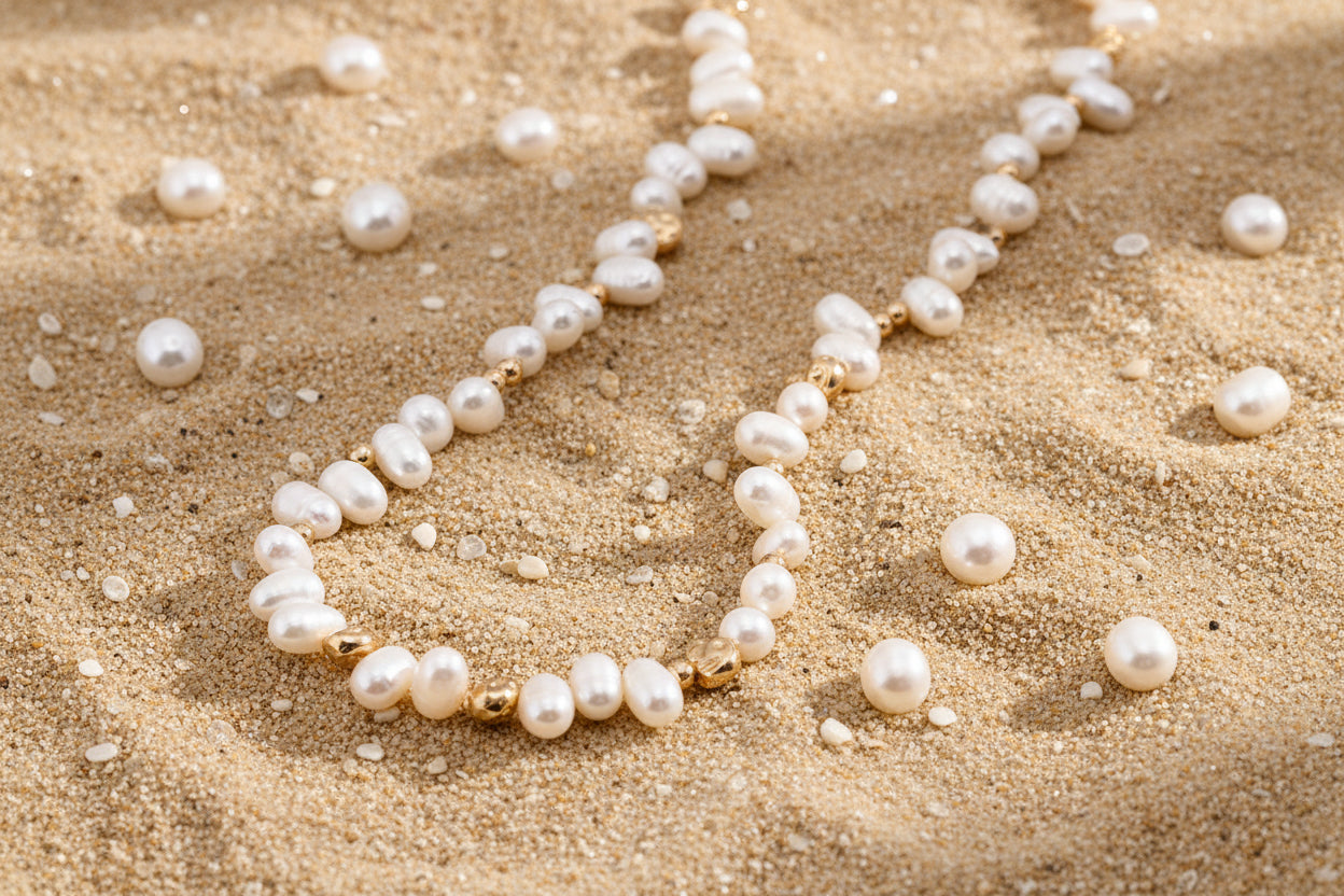 Vintage Gold Freshwater Pearl Necklace – 925 Sterling Silver | Matching Bracelet Set