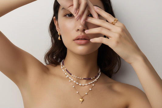 S925 Vintage Gold Heart Pendant Pearl Necklace