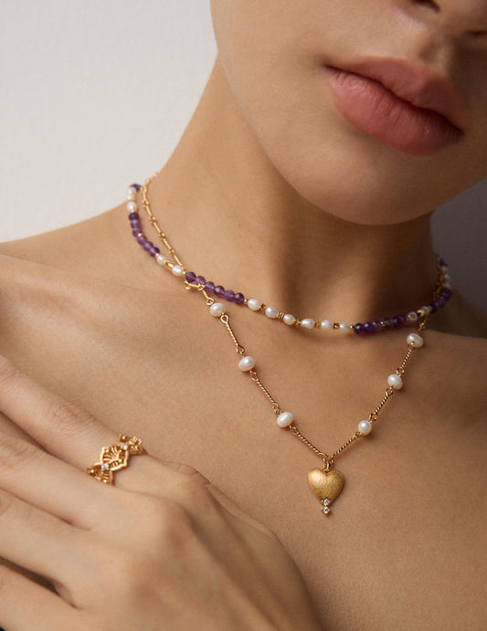 S925 Vintage Gold Heart Pendant Pearl Necklace