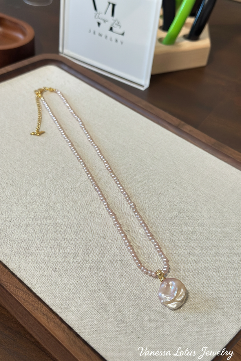 Pink Baby Pearl Necklace with Removable Baroque Pearl Pendant | Natural Freshwater Pearl Necklace