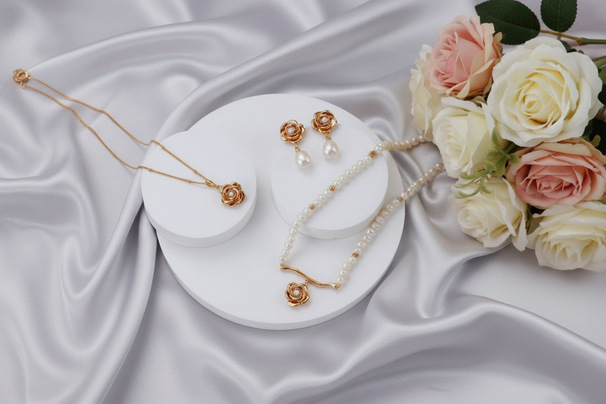 Vintage Rose Pearl Drop Earrings | S925 Sterling Silver | Antique Gold Floral Design