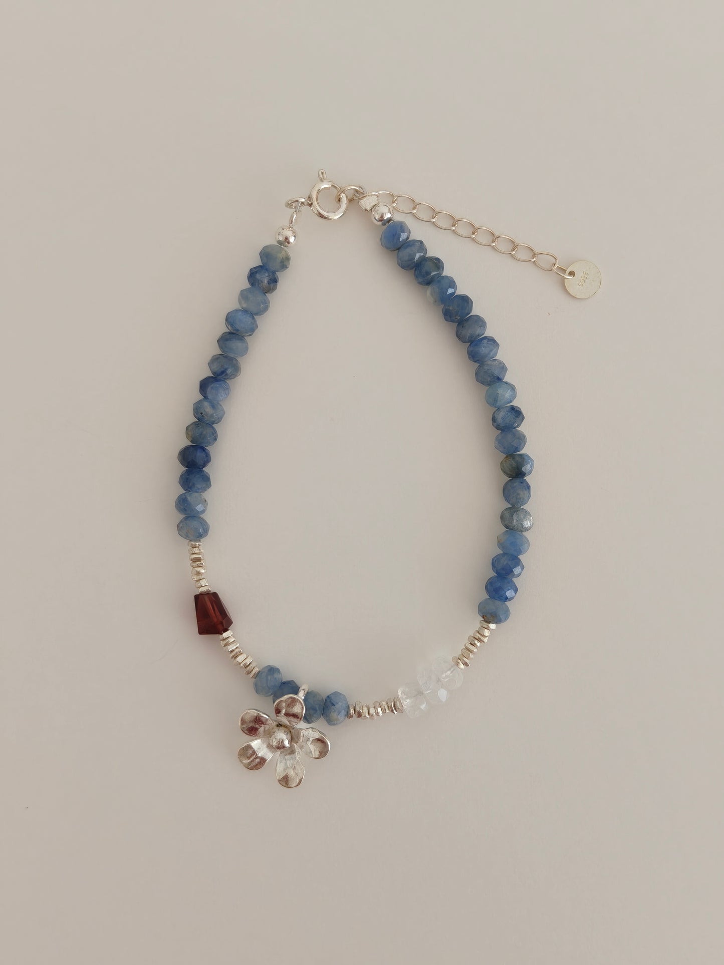 Handmade Gemstone Flower Charm Bracelet – Blue Crystal Moonstone Garnet / Andesine Green Amethyst Silver Bracelet