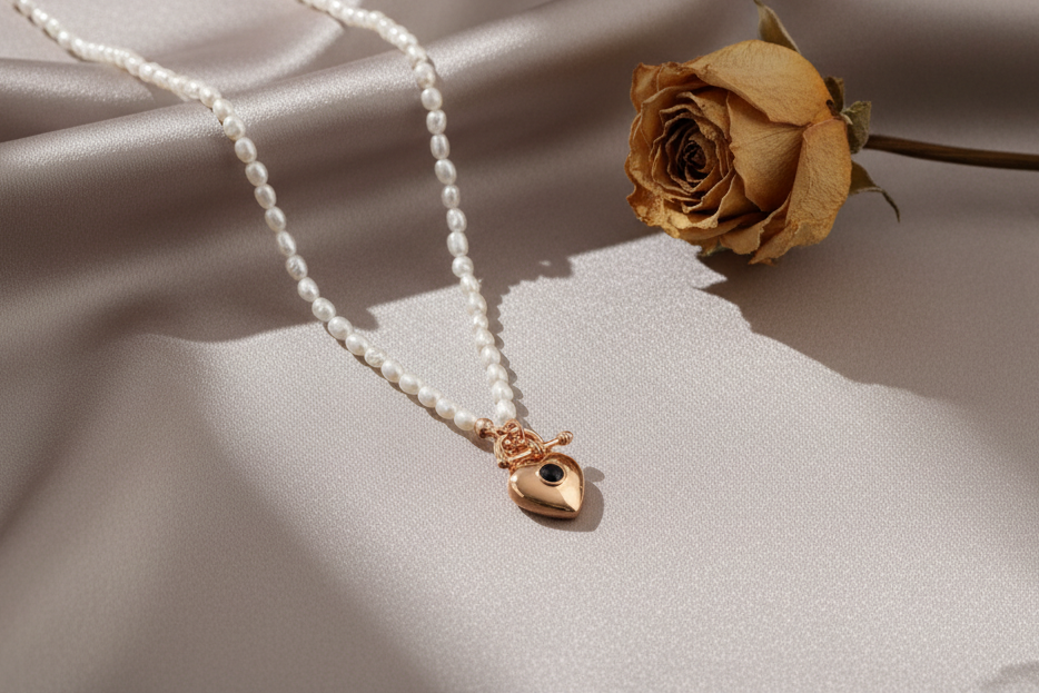 Vintage Gold Sterling Silver Black Onyx & Rice Pearl Necklace with Heart Pendant