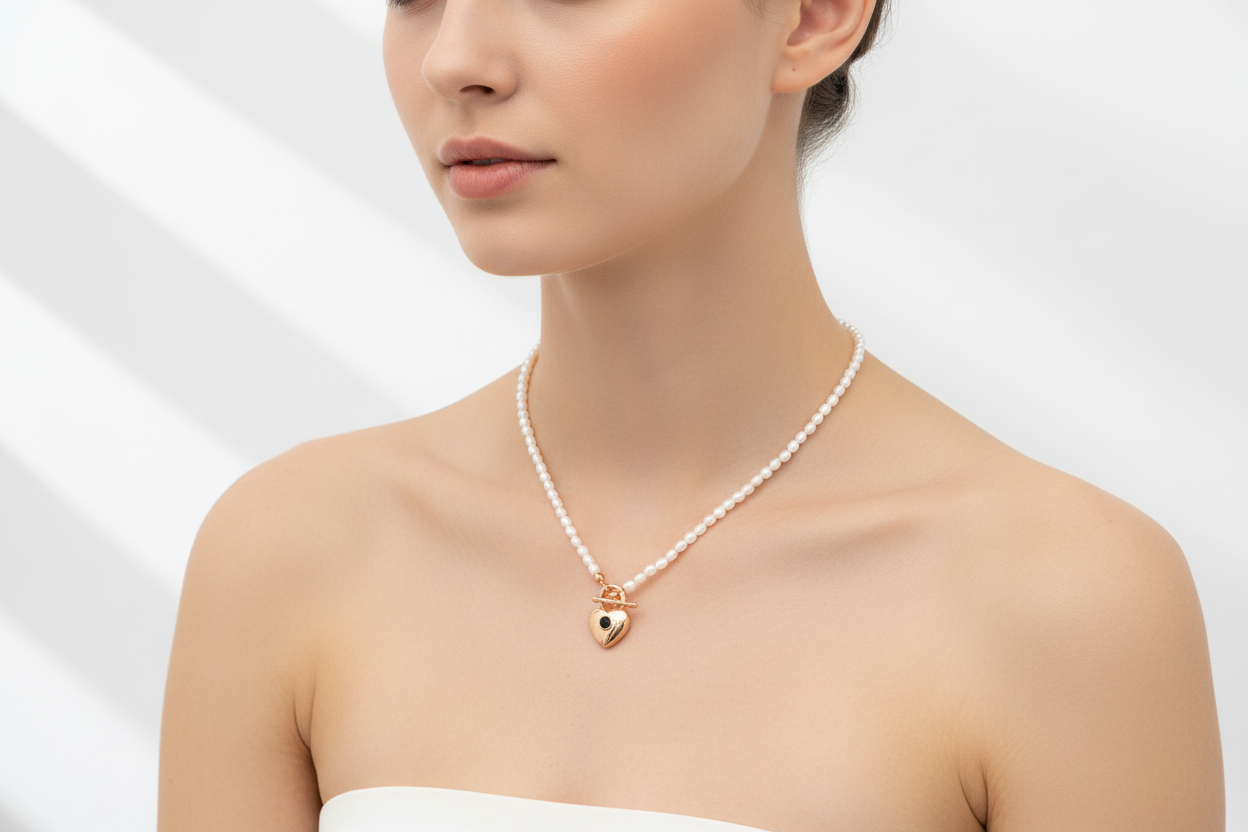 Vintage Gold Sterling Silver Black Onyx & Rice Pearl Necklace with Heart Pendant