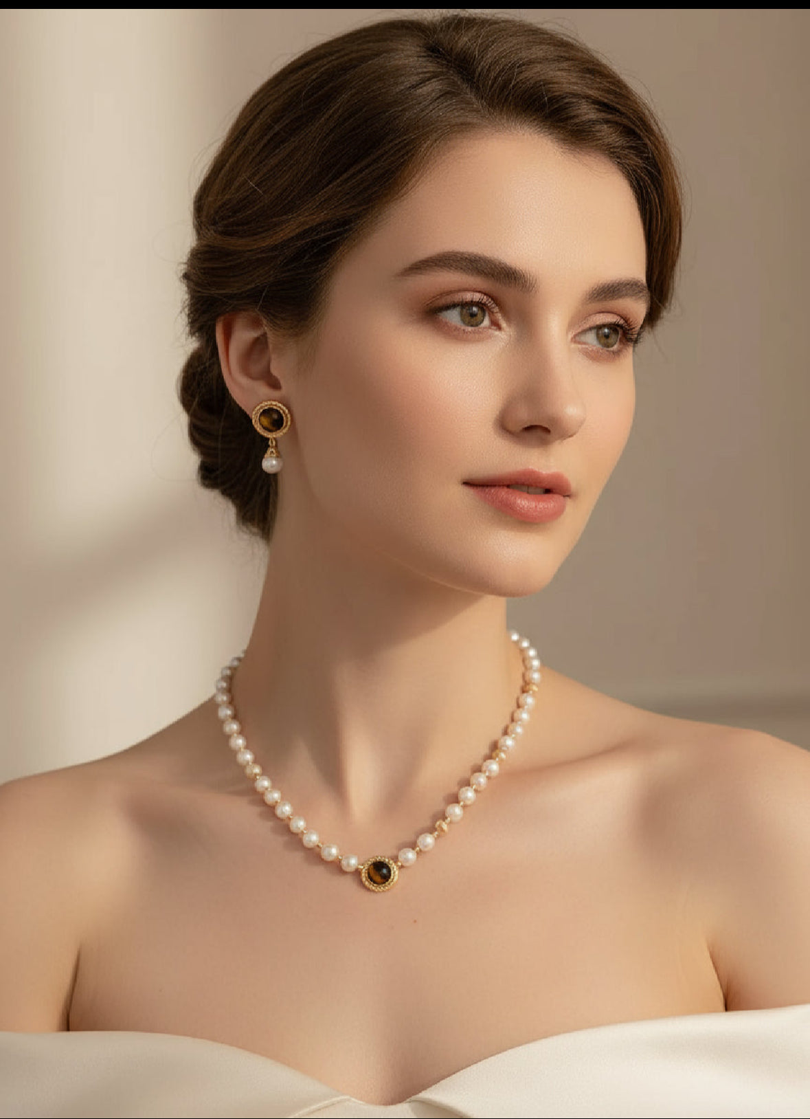 S925 Silver Tiger Eye & Pearl Necklace – Vintage Gold