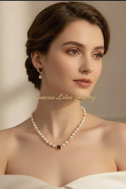 S925 Silver Tiger's Eye & Pearl Necklace – Vintage Gold