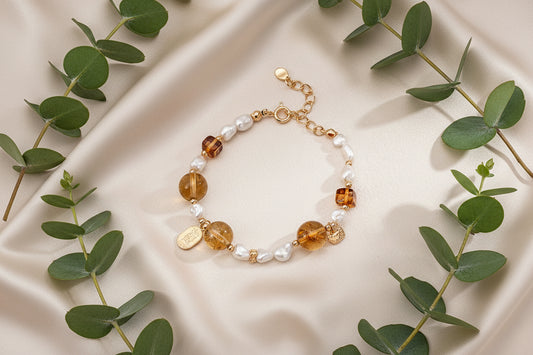 Citrine & Pearl Prosperity Bracelet – S925 Silver | Vintage Gold Finish