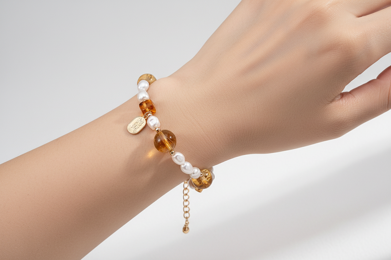 Citrine & Pearl Prosperity Bracelet – S925 Silver | Vintage Gold Finish