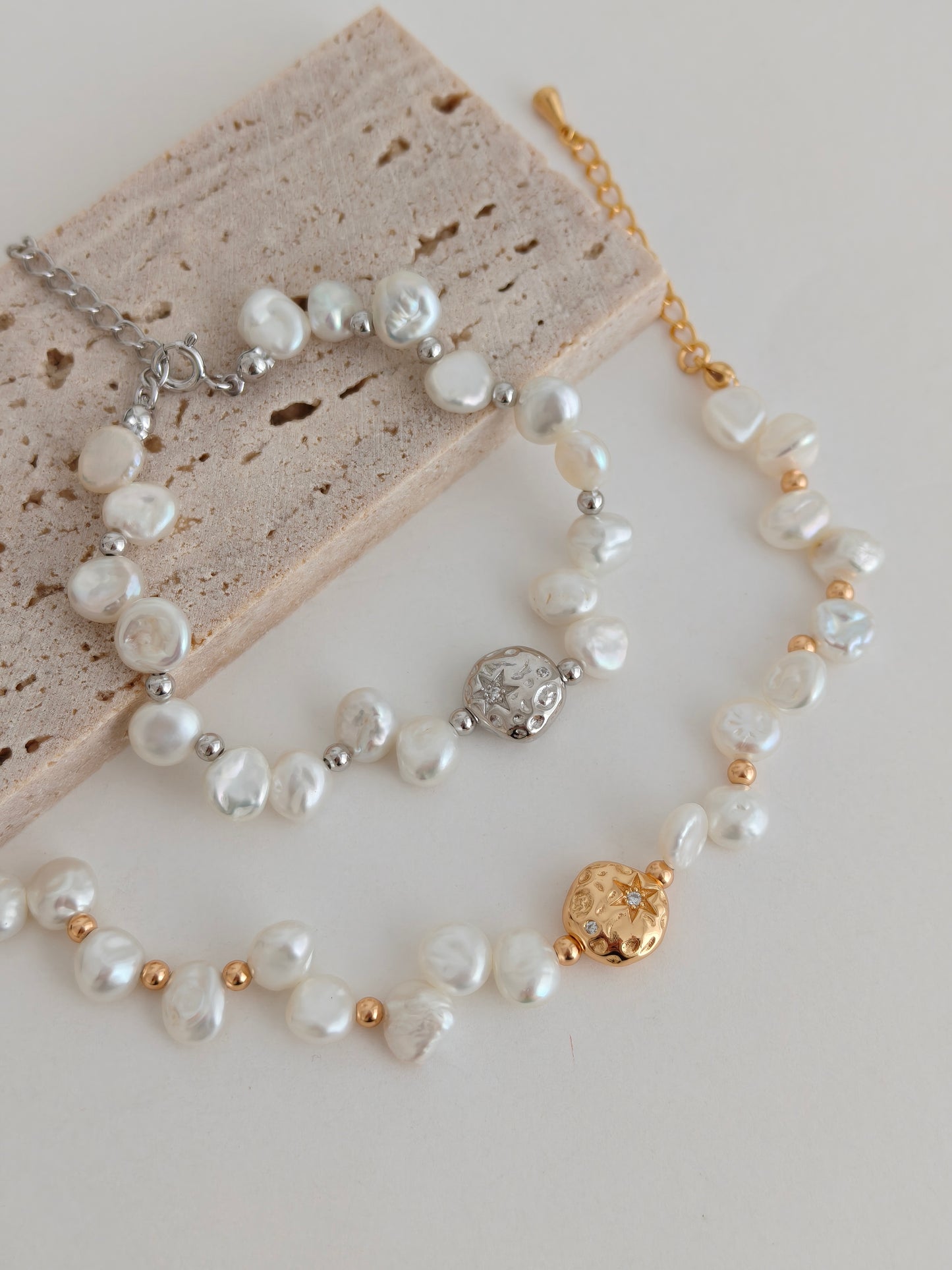 Vintage Baroque Pearl Charm Bracelet - S925 Sterling Silver, Retro Gold / Platinum Finish, Adjustable 16+3cm