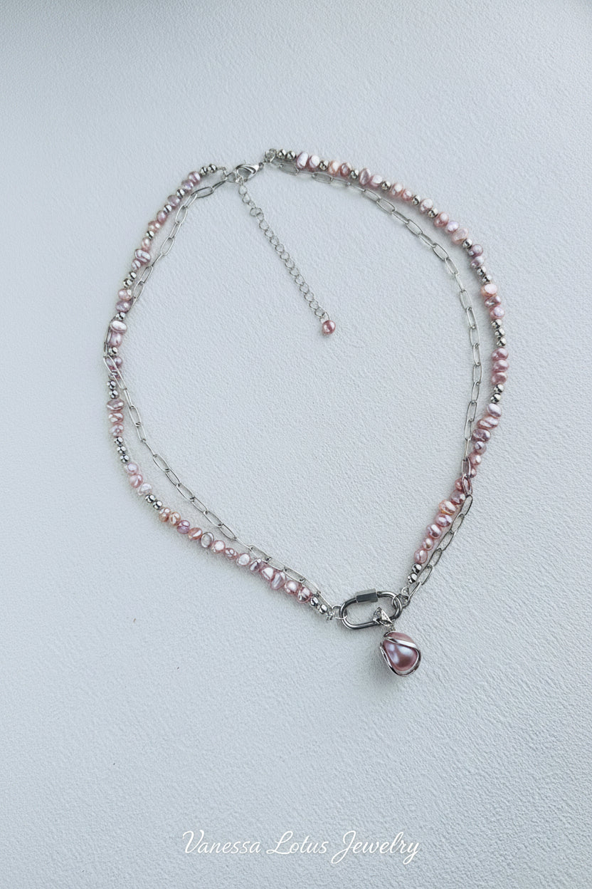 Freshwater Pink Pearl Necklace with Platinum Chain