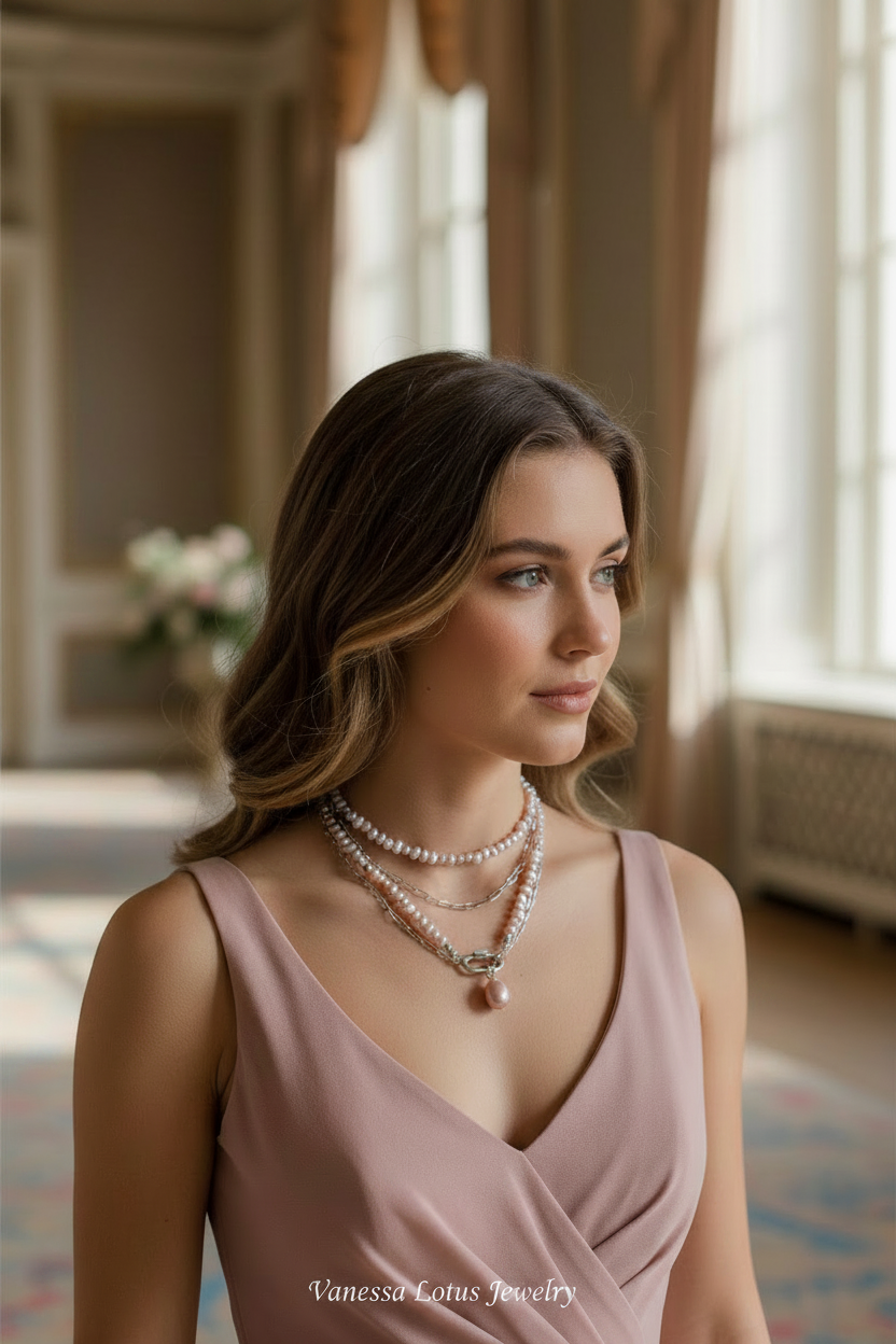 Freshwater Pink Pearl Necklace with Platinum Chain