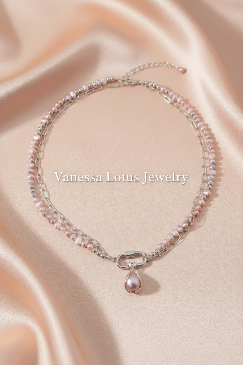 Freshwater Pink Pearl Necklace with Platinum Chain