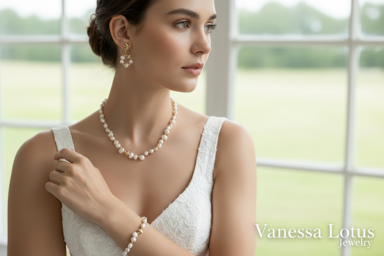 Vintage Gold Natural Pearl Necklace & Bracelet Set – S925 Sterling Silver Freshwater Pearl Jewelry Set