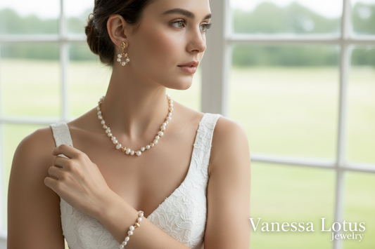 Vintage Gold Natural Pearl Necklace & Bracelet Set – S925 Sterling Silver Freshwater Pearl Jewelry Set