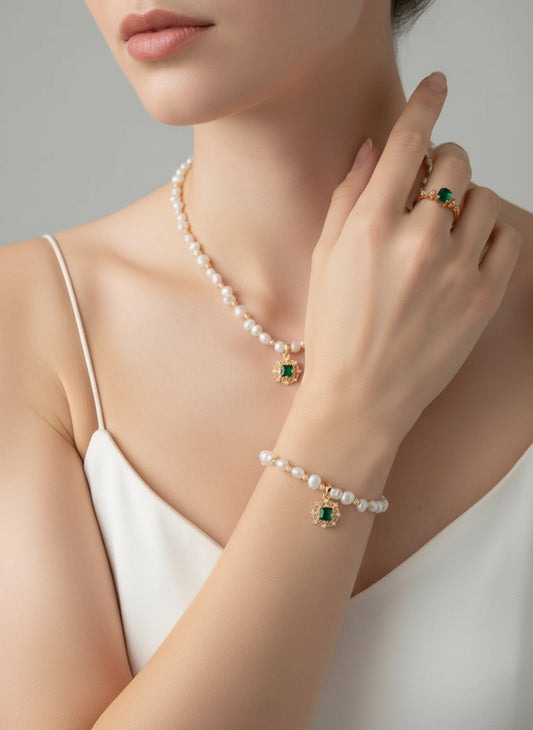 S925 Vintage Gold Pearl & Green Zircon Necklace and Bracelet Set | Natural Freshwater Pearl Jewelry