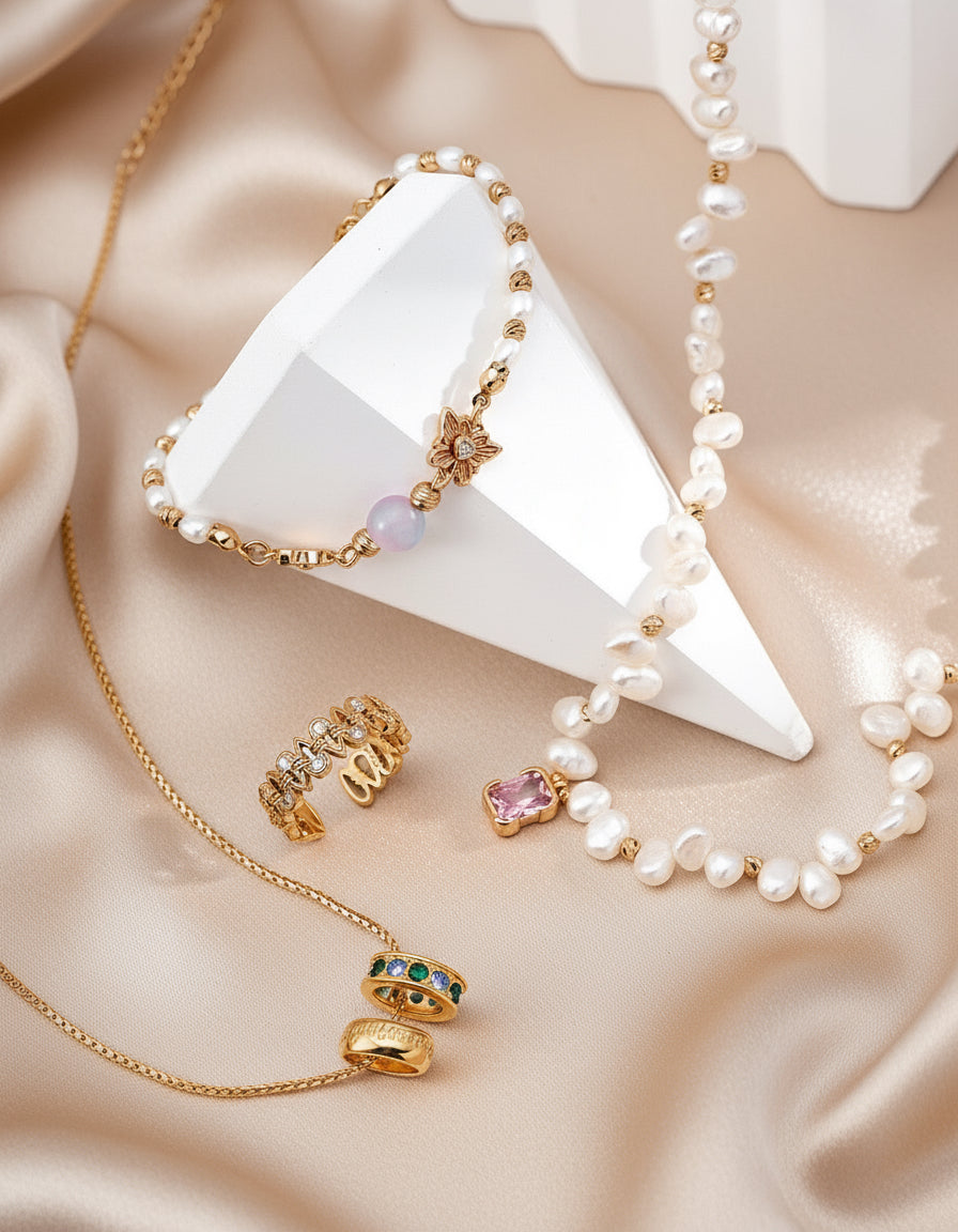 S925 Silver Pink Zircon & Pearl Necklace – Vintage Gold