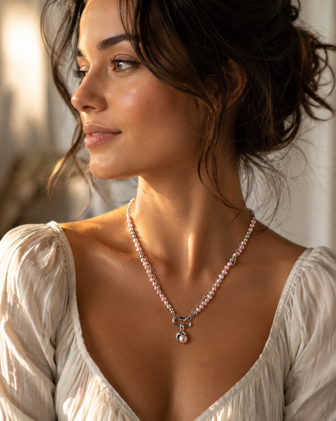 Freshwater Pink Pearl Necklace with Platinum Chain