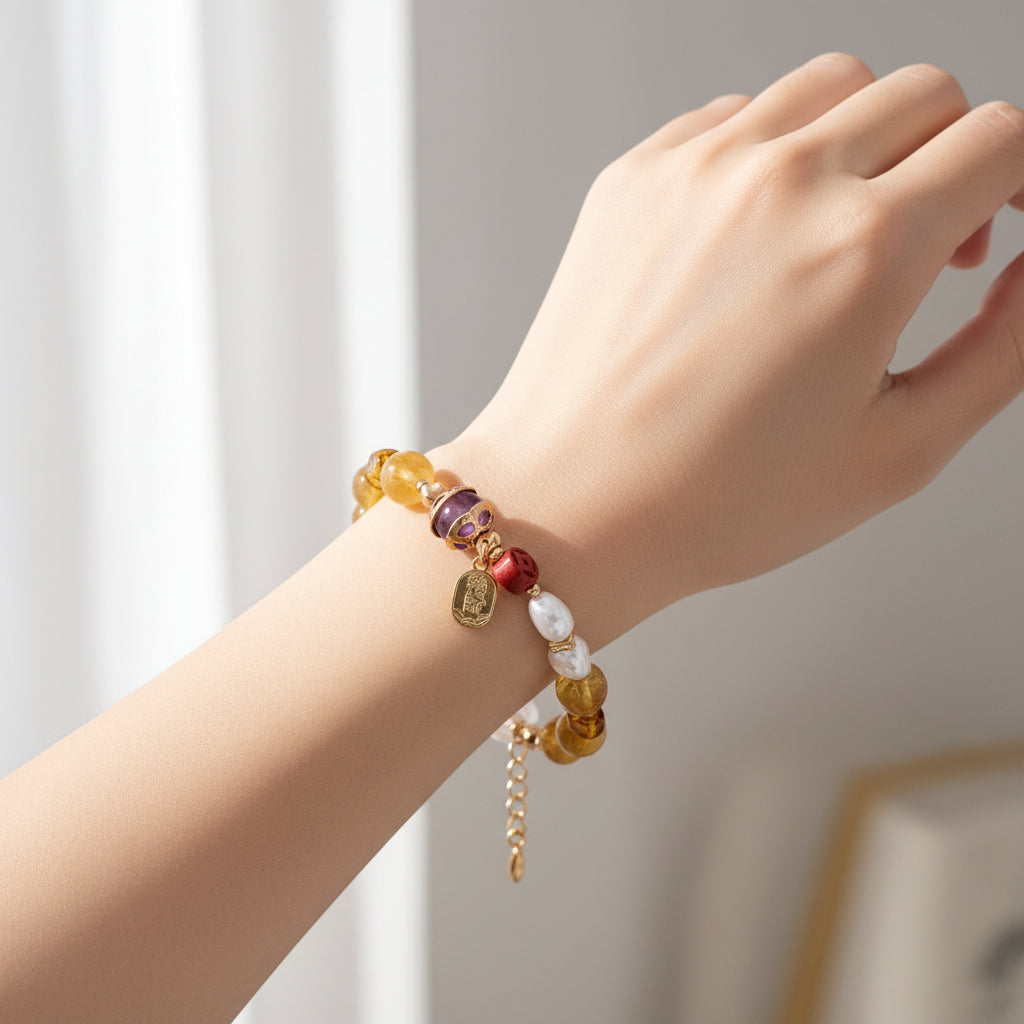 Vintage Gold Multi-Gem Pearl Bracelet | S925 Silver