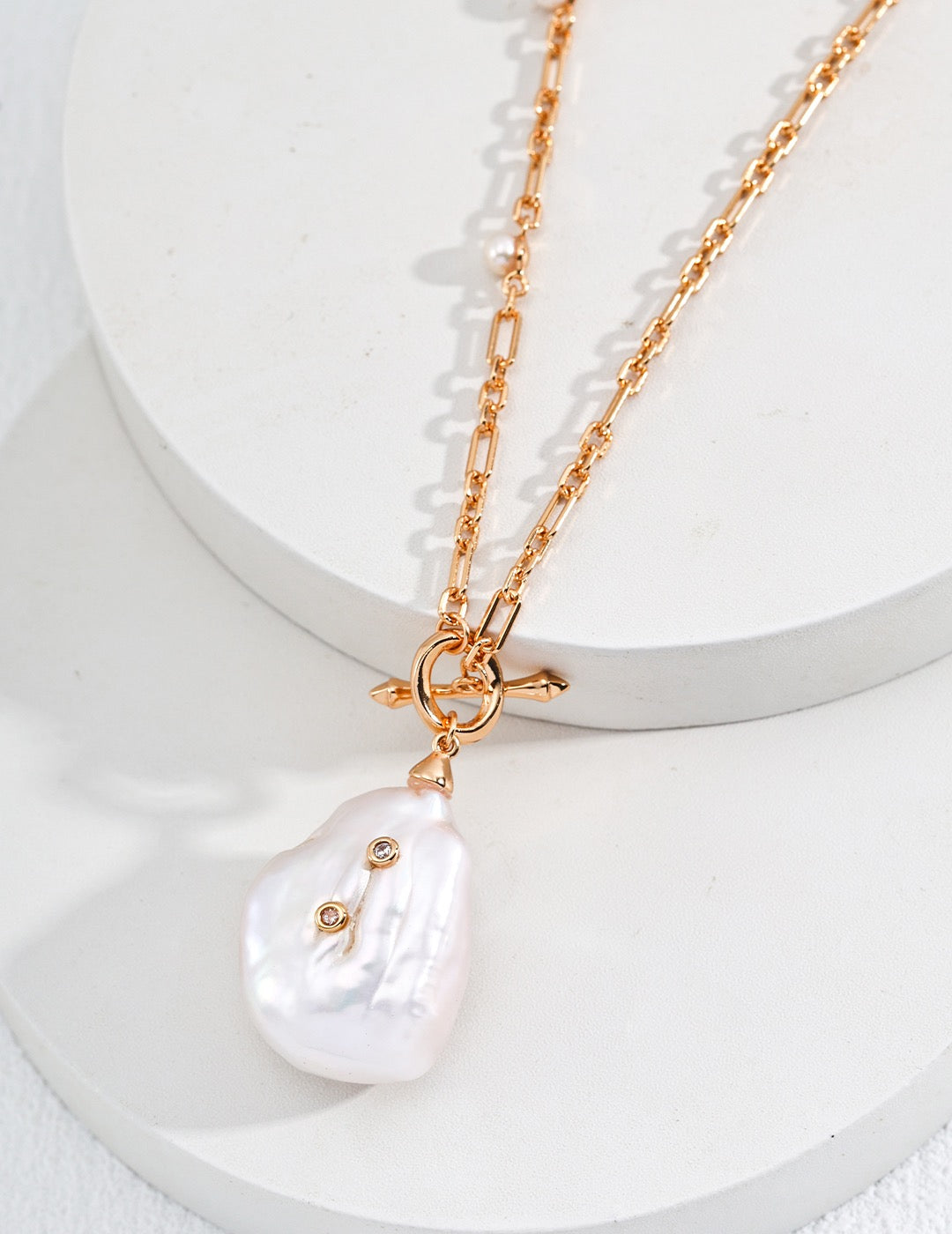S925 Sterling Silver Baroque Pearl & Zircon Pendant Necklace – Vintage Gold, 60cm