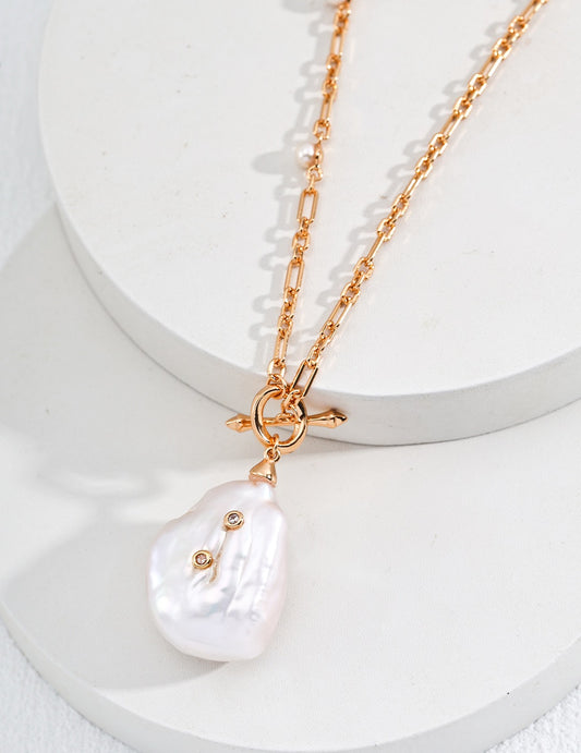 S925 Sterling Silver Baroque Pearl & Zircon Pendant Necklace – Vintage Gold, 60cm